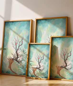 Ciervo surrealista con ramas como cuernos sobre fondo nublado en tonos pastel