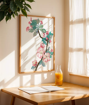 Elegante ilustración floral en acuarela con flor de cerezo.