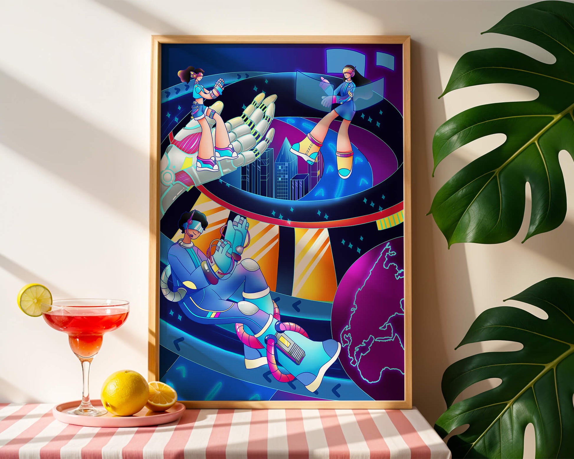Realidad virtual futurista con obra de arte neón vibrante