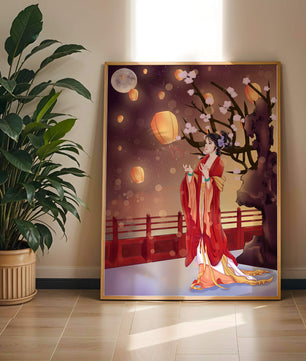 Traditional lantern festival under moonlit sky with cherry blossoms and red bridge