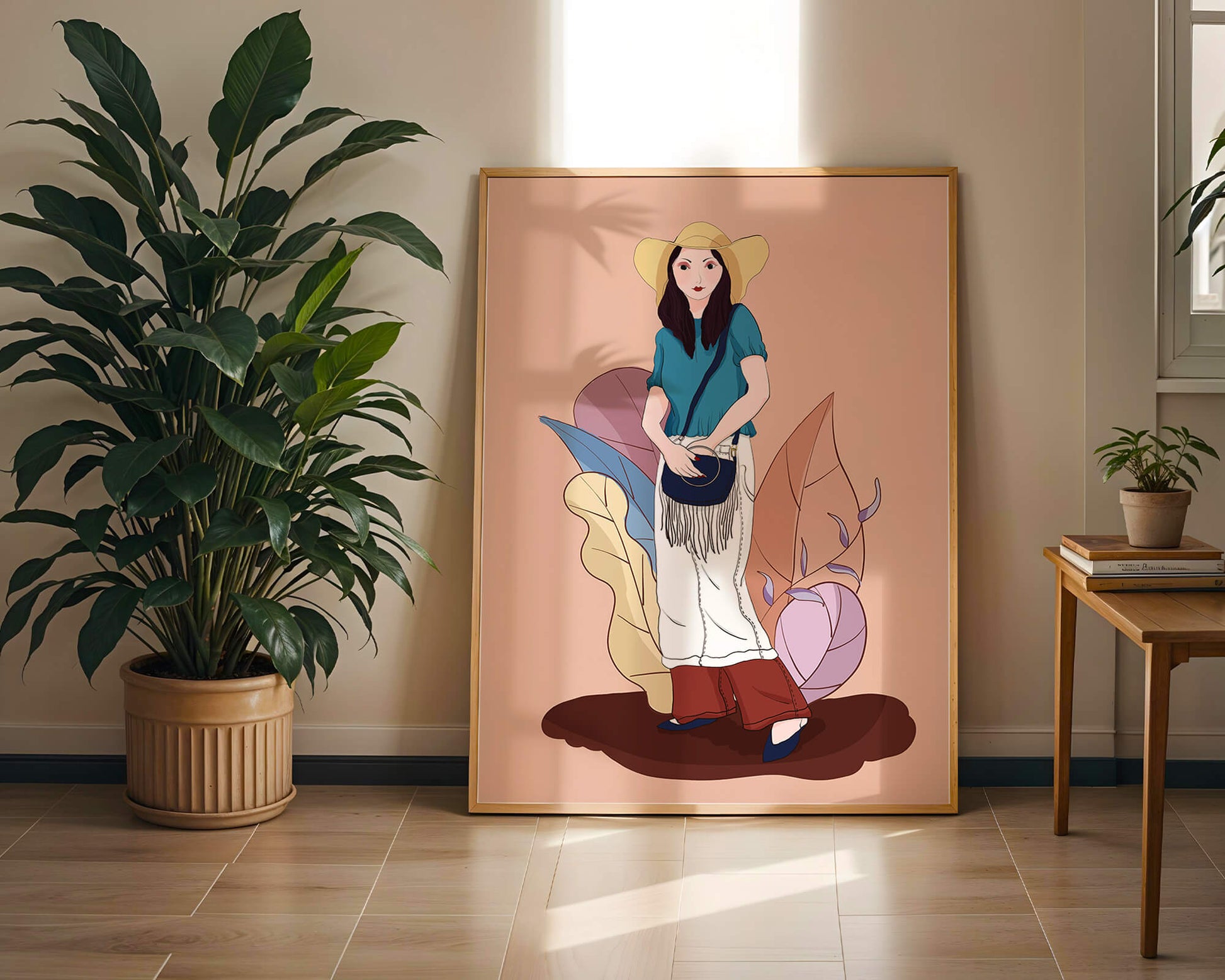Stylish woman in summer attire with botanical background illustration