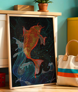 Koi Fish with Abstract Waves in Vibrant Colors
