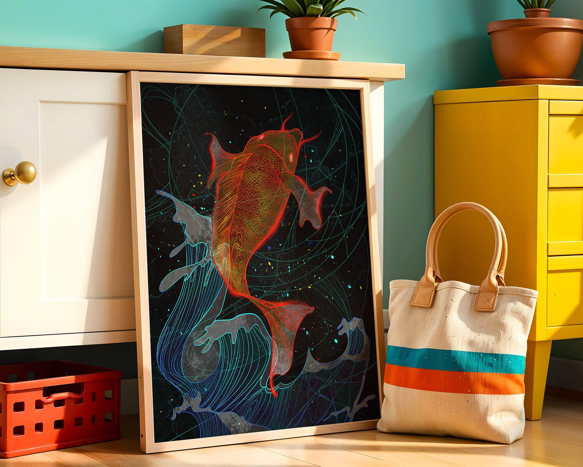 Koi Fish with Abstract Waves in Vibrant Colors