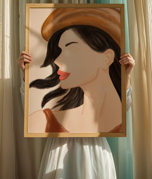Stylized portrait of a woman in a hat with flowing hair