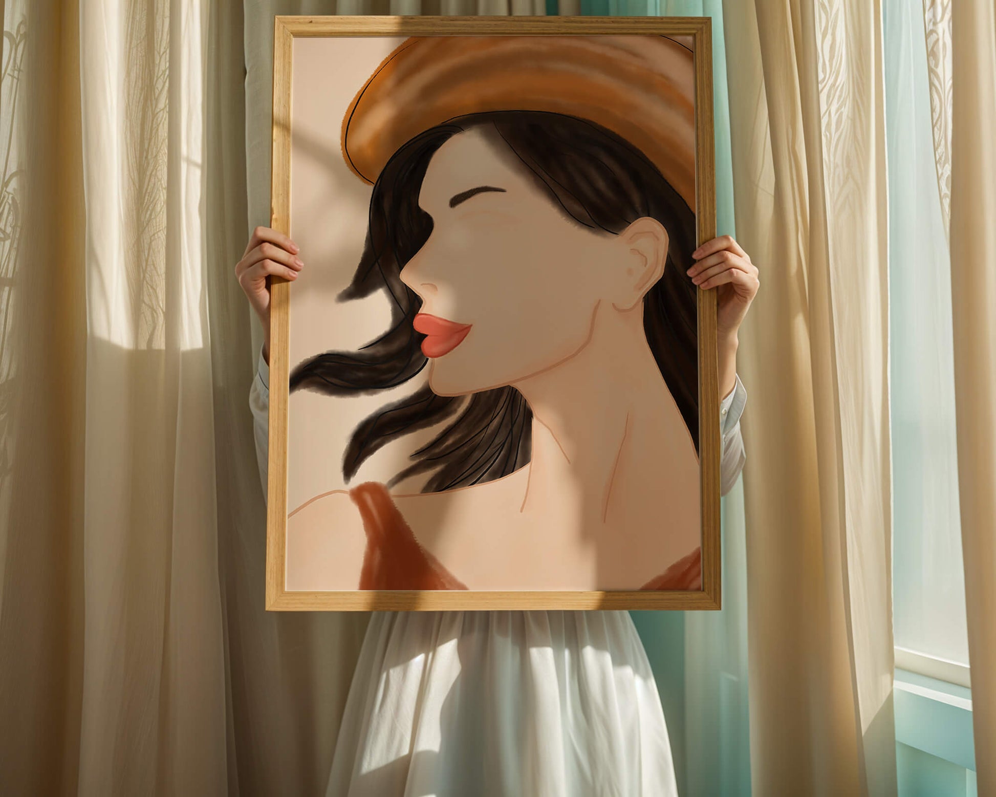 Stylized portrait of a woman in a hat with flowing hair