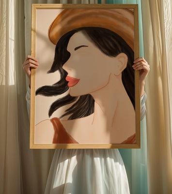 Stylized portrait of a woman in a hat with flowing hair