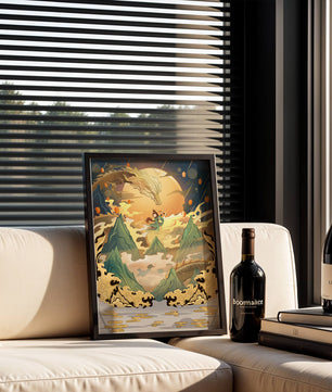 Mythical dragon and warrior painting with golden elements against a mountainous landscape