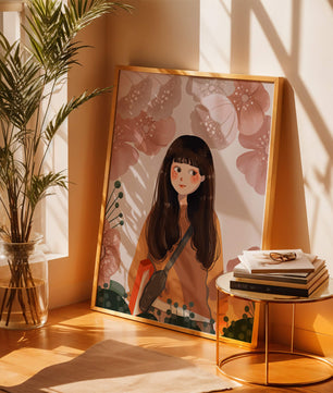 Ilustración de una niña con flores en tonos pasteles suaves