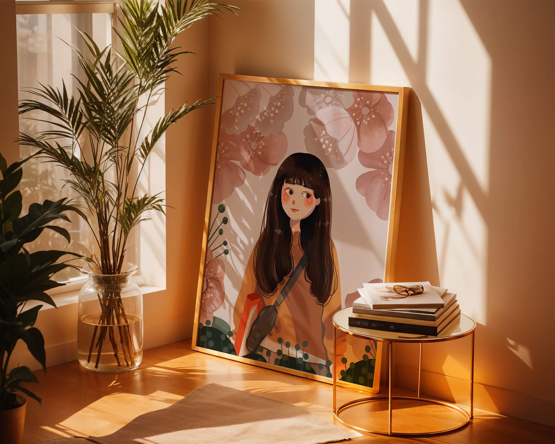 Illustration of girl with flowers in soft pastel hues