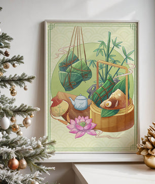 Traditional Asian tea set with bamboo and dumplings