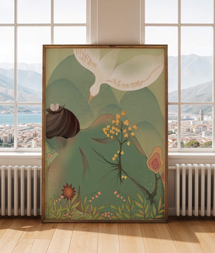 Dreamy nature-inspired illustration with bird and plant elements
