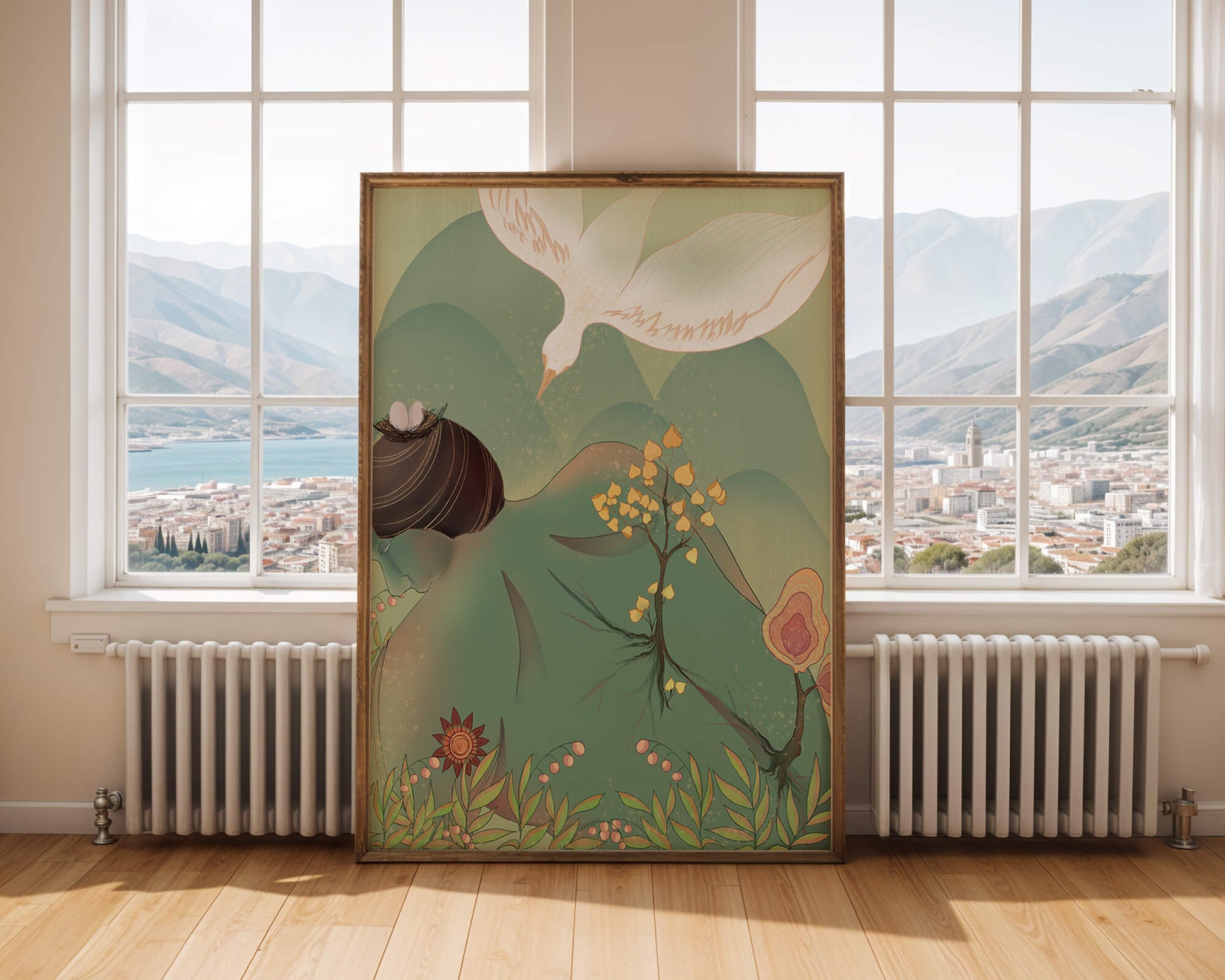 Dreamy nature-inspired illustration with bird and plant elements