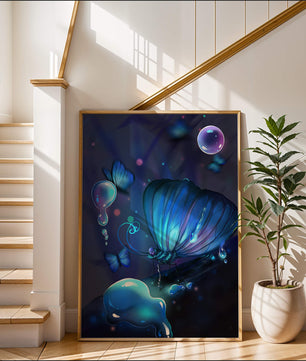 Illuminated Blue Butterflies with Glowing Bubbles in Enchanted Darkness