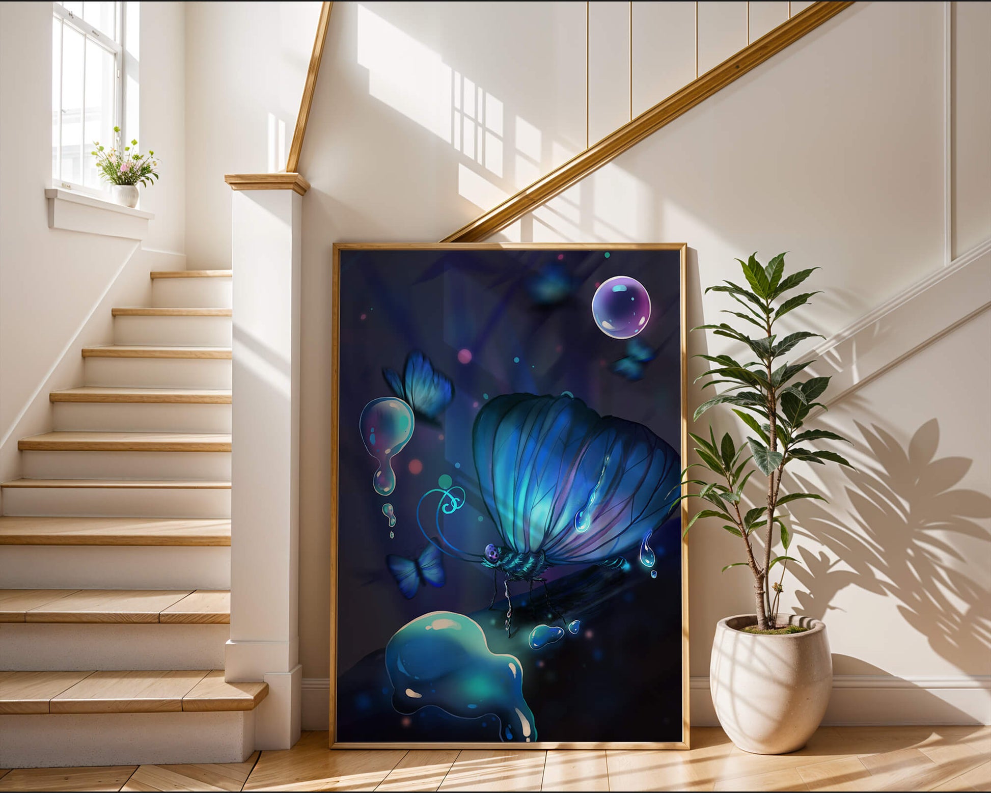 Illuminated Blue Butterflies with Glowing Bubbles in Enchanted Darkness