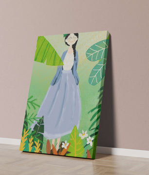 Serene illustration of a woman in nature with tropical leaves