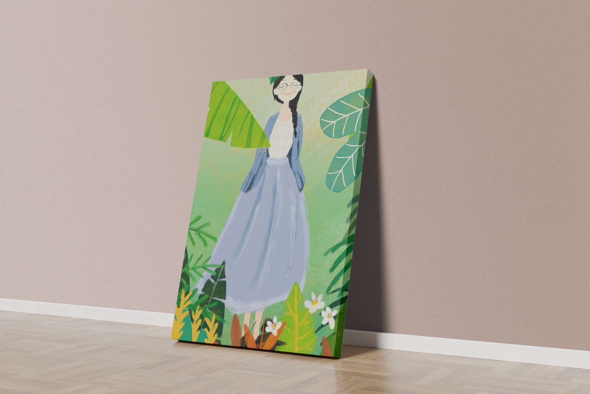 Serene illustration of a woman in nature with tropical leaves