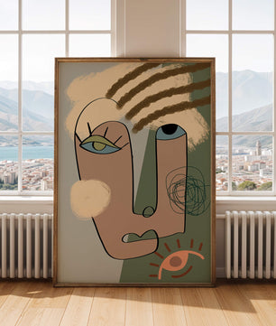 Retrato abstracto con formas geométricas y tonos terrosos