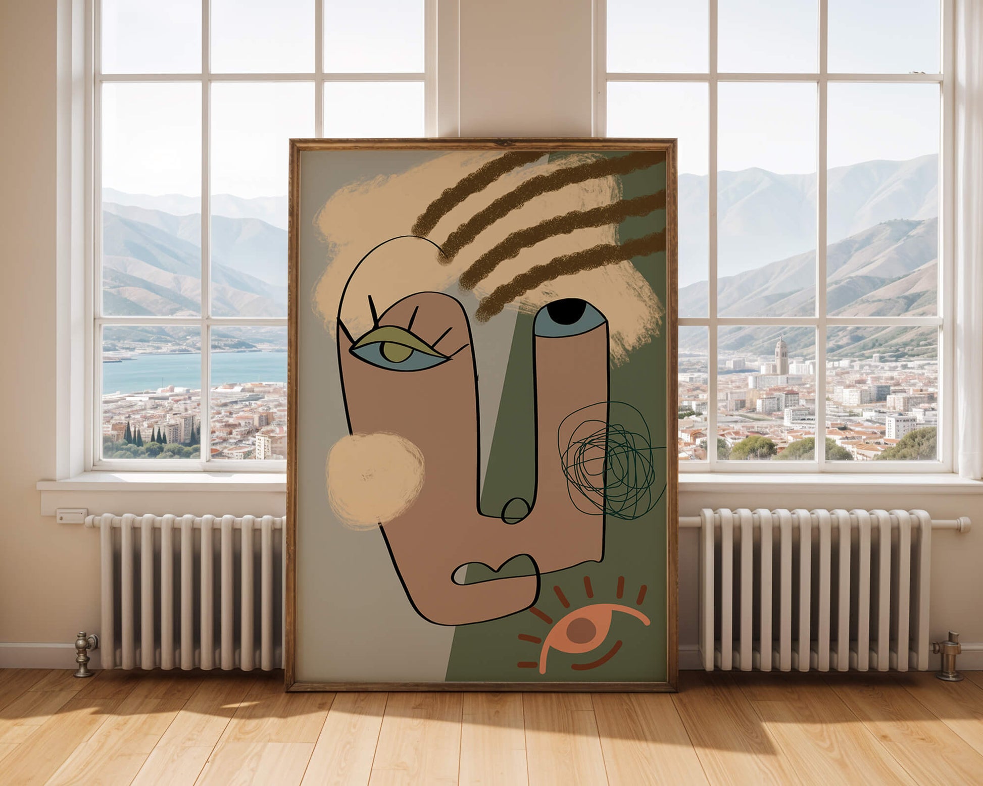 Retrato abstracto con formas geométricas y tonos terrosos.