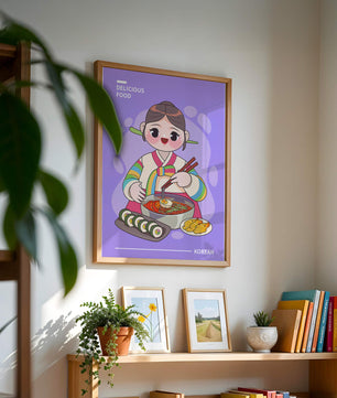 Charming illustration of Korean cuisine with a cheerful character