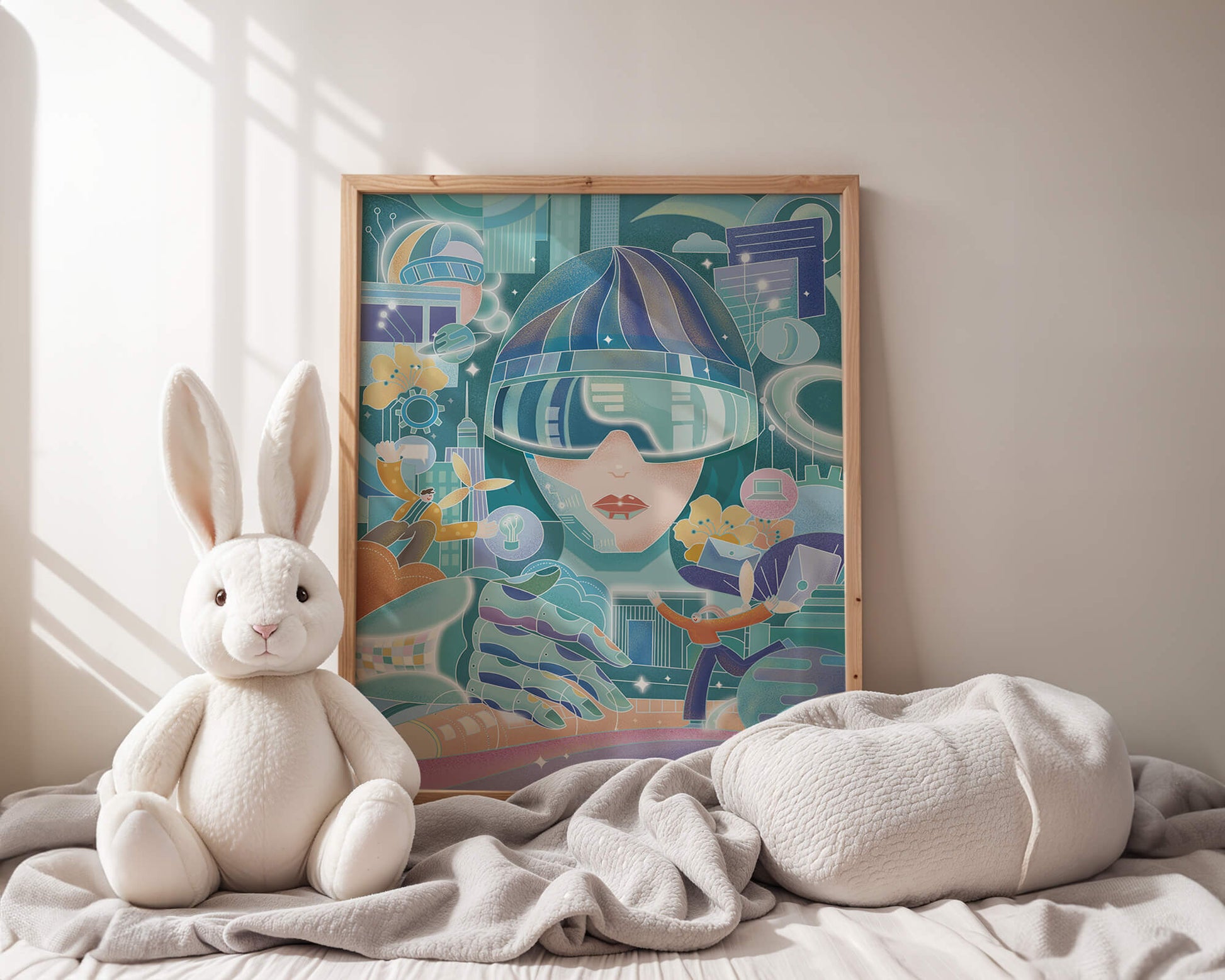 Futuristic digital art with virtual reality and technology themes