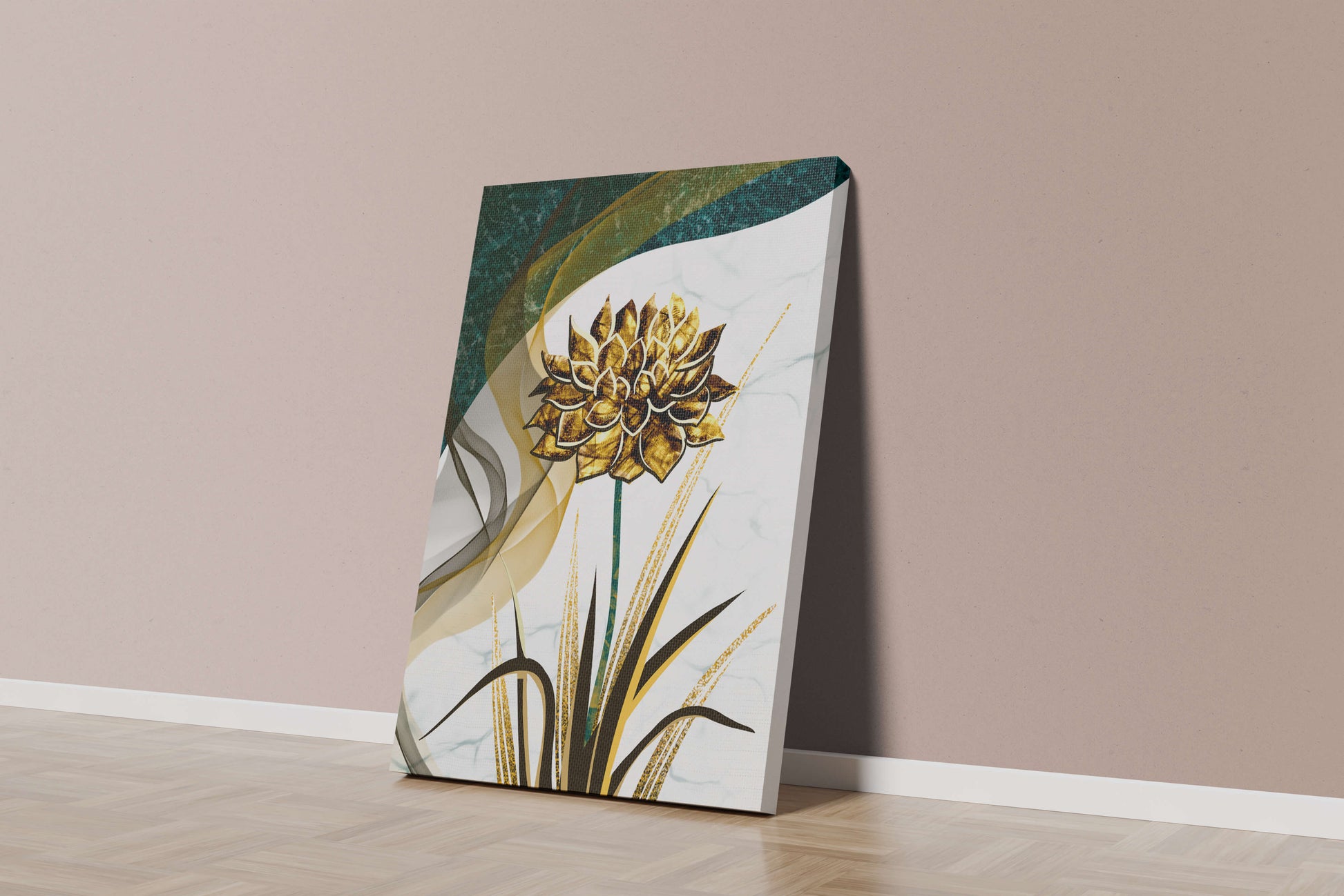 Golden flower artwork with abstract background for contemporary decor