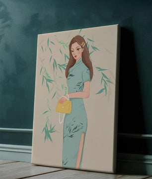 Elegant Woman in Traditional Dress Holding a Yellow Clutch with Bamboo Background
