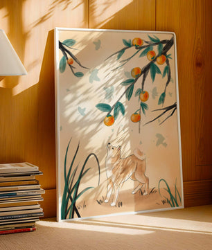 Illustration of a dog gazing at fruit-laden tree branches in nature