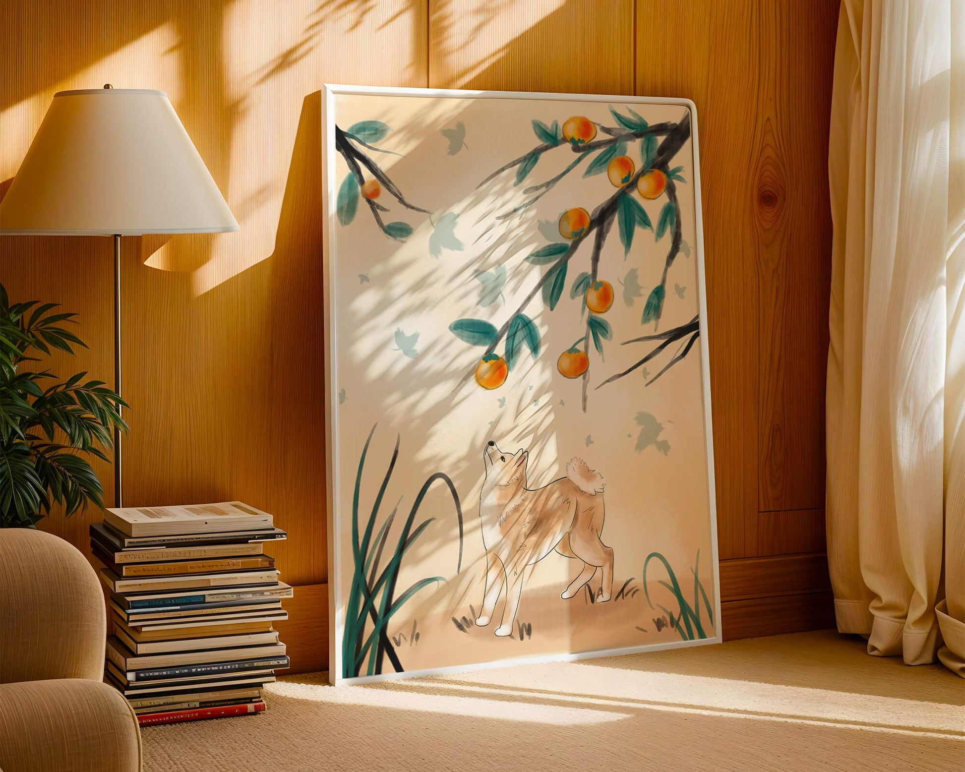 Illustration of a dog gazing at fruit-laden tree branches in nature