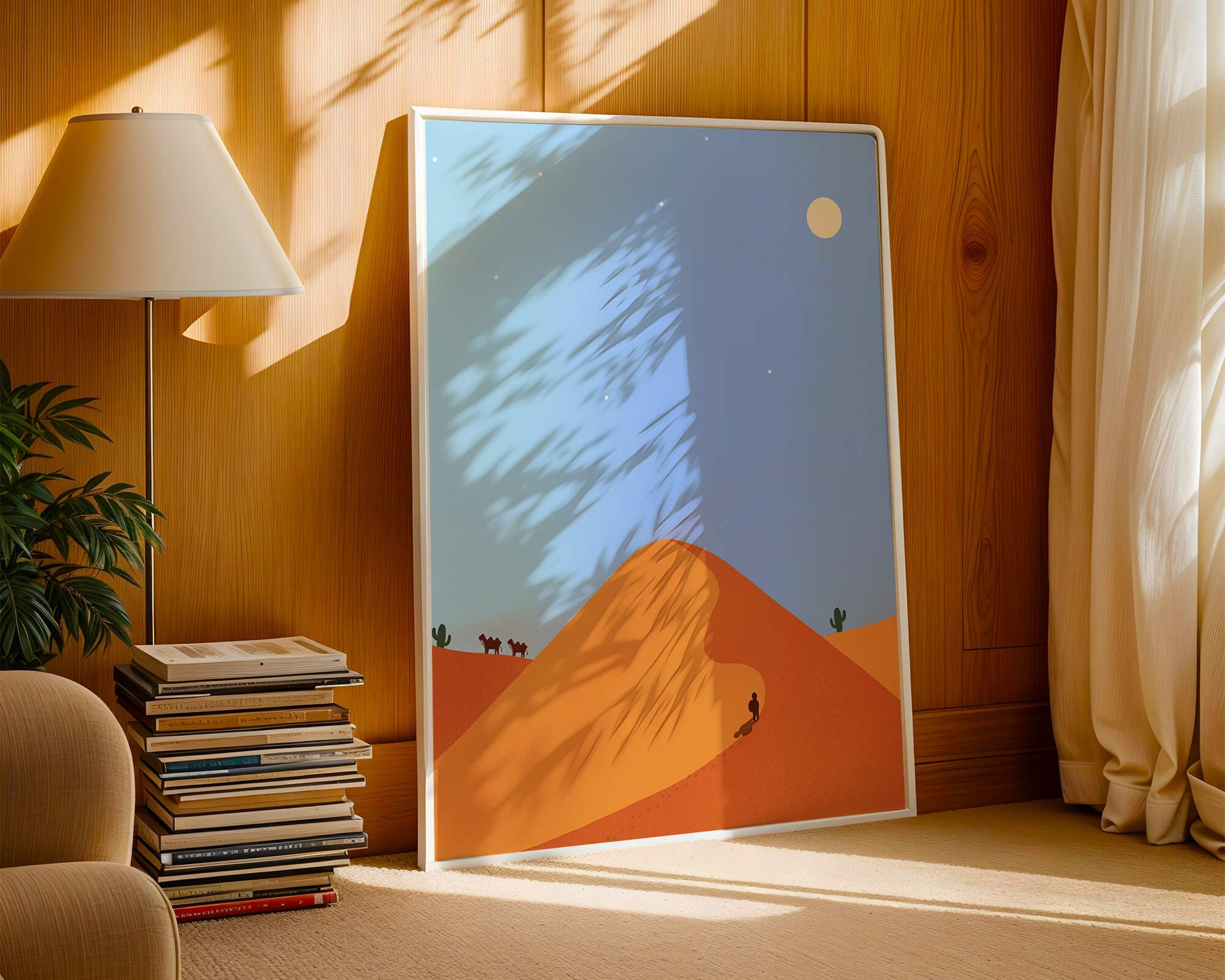 Serene desert landscape with dunes, camels, and a lone traveler under a starry sky