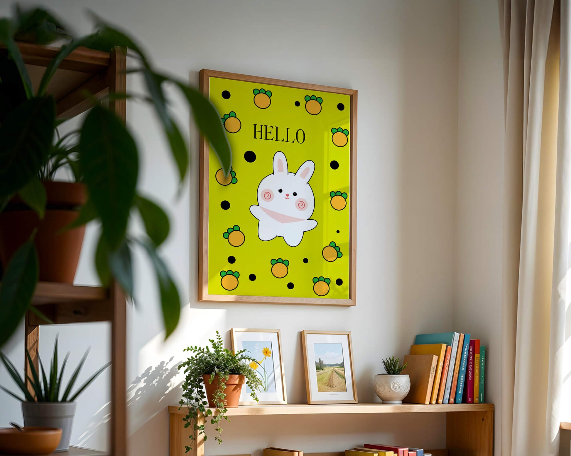 Charming rabbit cartoon illustration on yellow background with orange elements