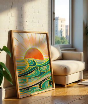 Sunrise over stylized ocean waves with gold accents