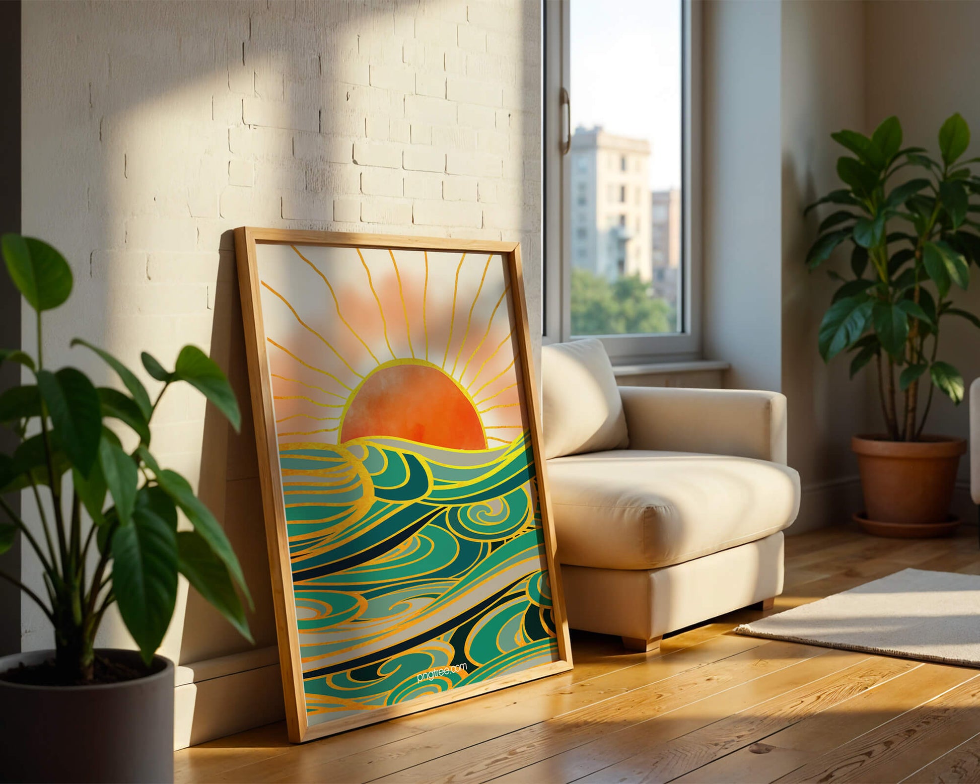 Sunrise over stylized ocean waves with gold accents