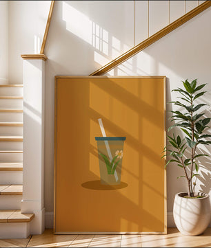 Illustration of a Drink with Botanical Element and Straw on Orange Background - Mi tienda
