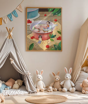 Charming illustration of children with dessert in a whimsical setting