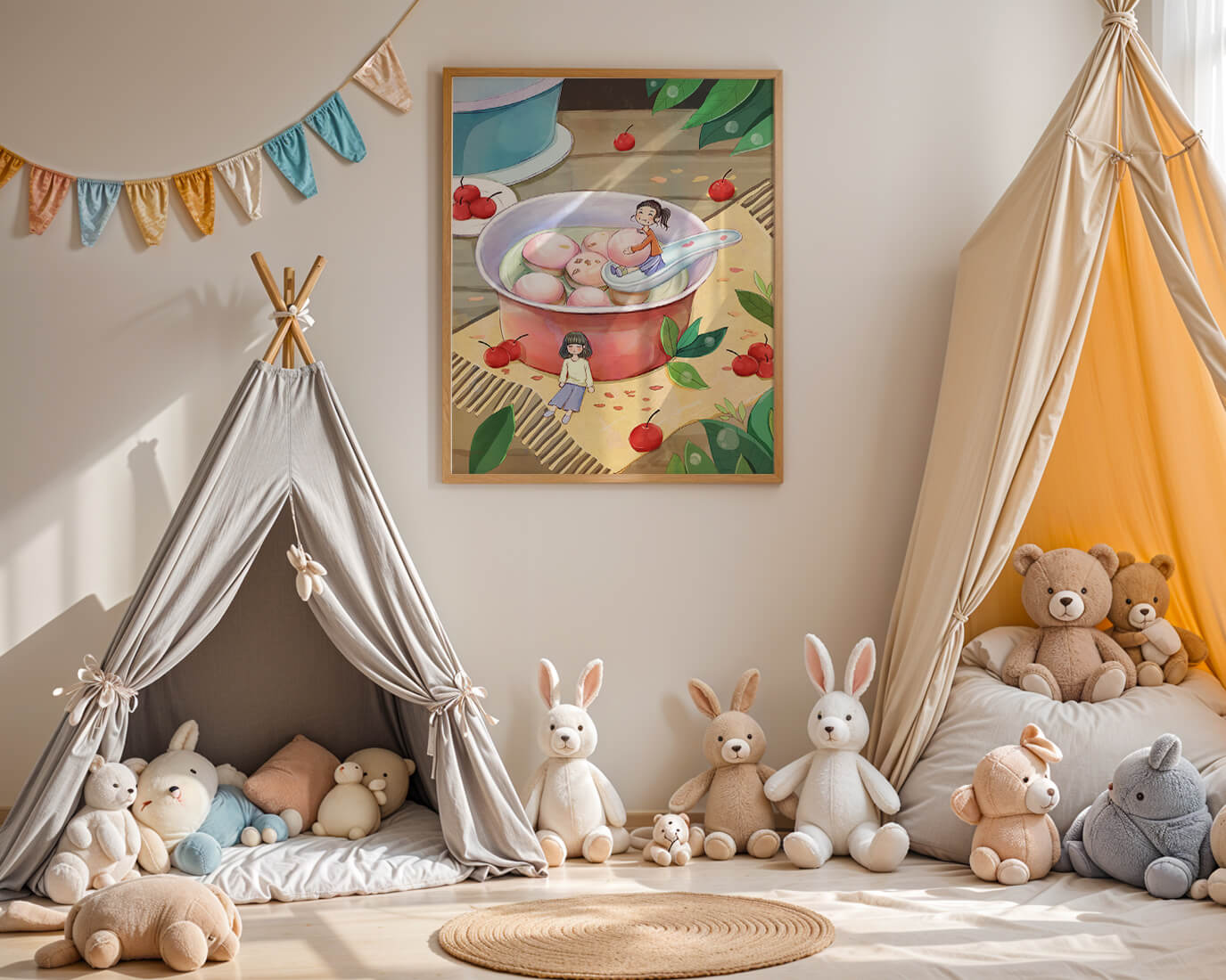Charming illustration of children with dessert in a whimsical setting