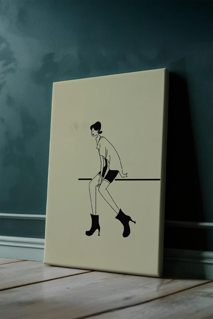 Schicke minimalistische Illustration einer sitzenden Frau in stylischen Stiefeln