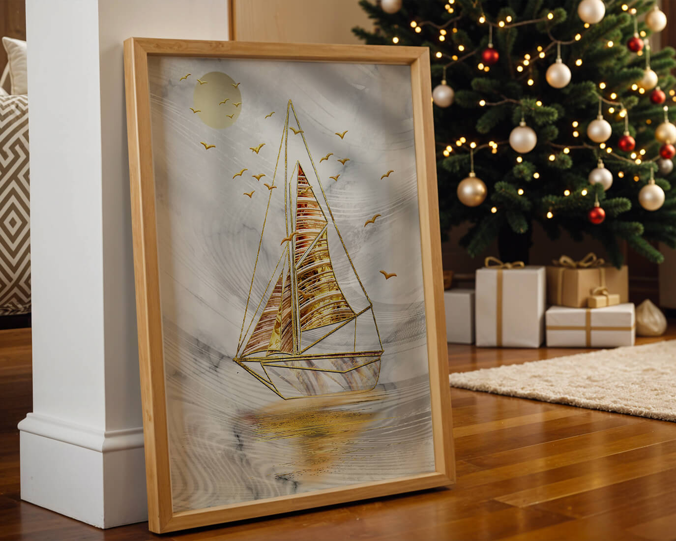 Elegant sailboat with gold elements against a textured sky