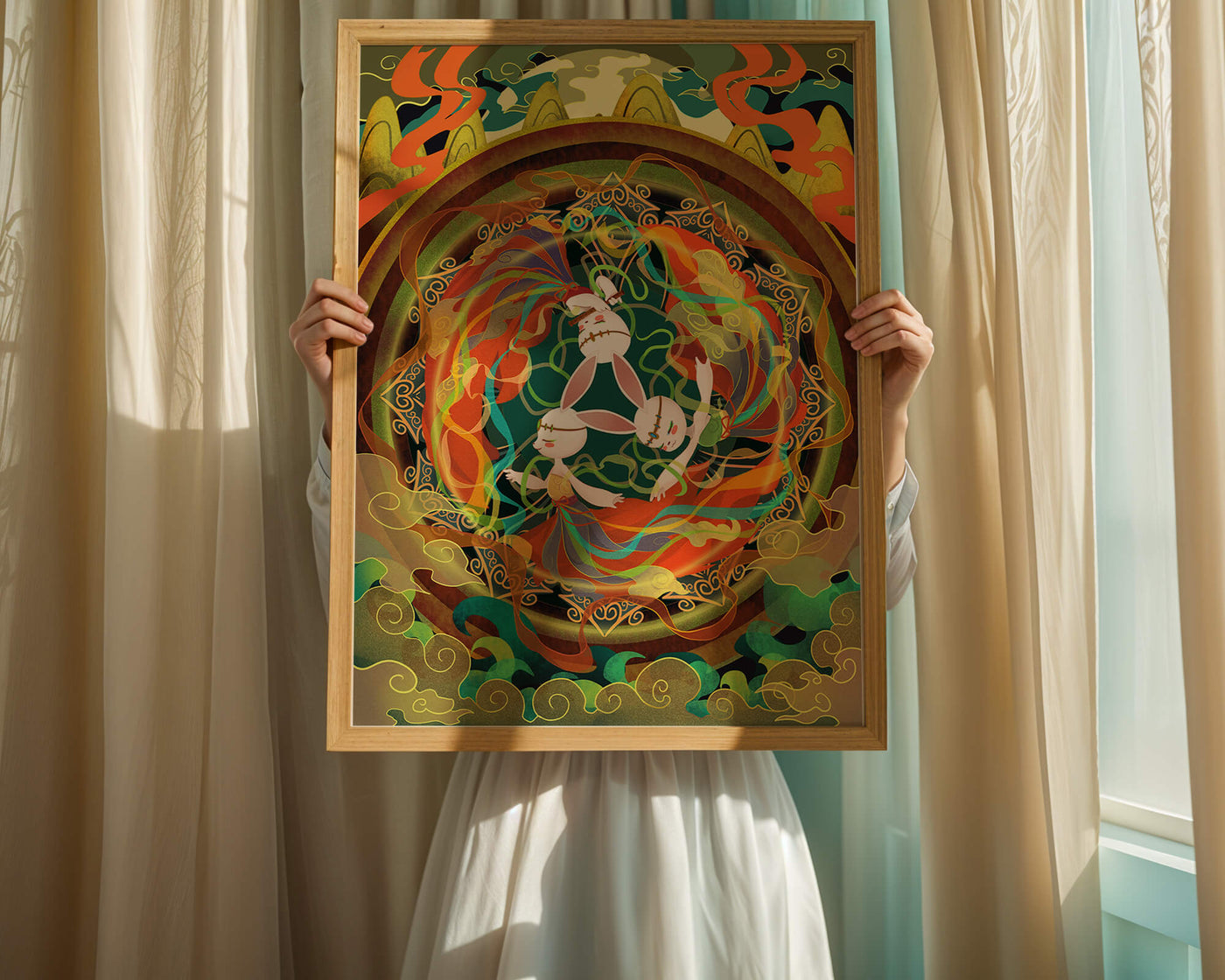 Whimsical fantasy illustration with mystical bunnies