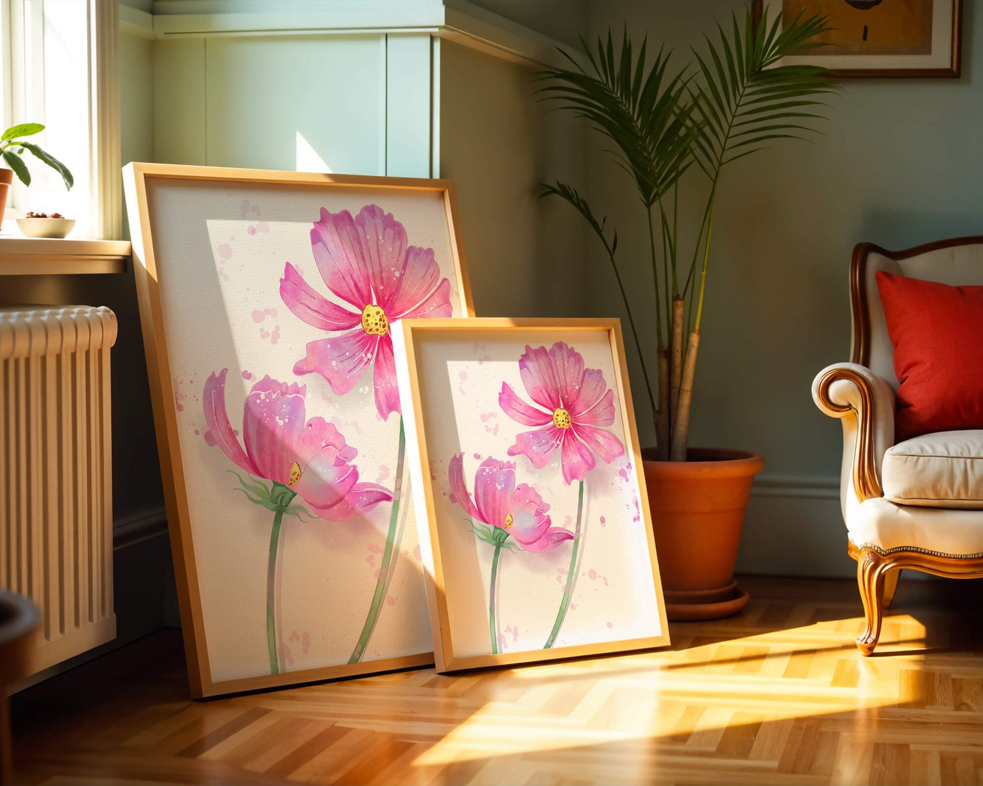 Flores delicadas en acuarela rosada con salpicaduras artísticas en lienzo