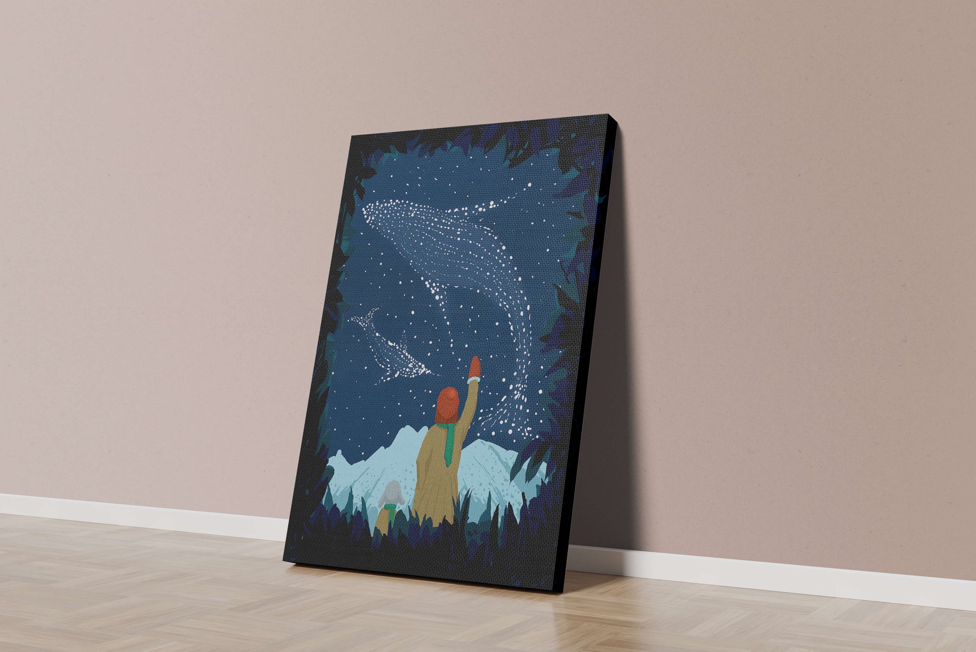 Starry night with whale constellations and mountain scenery