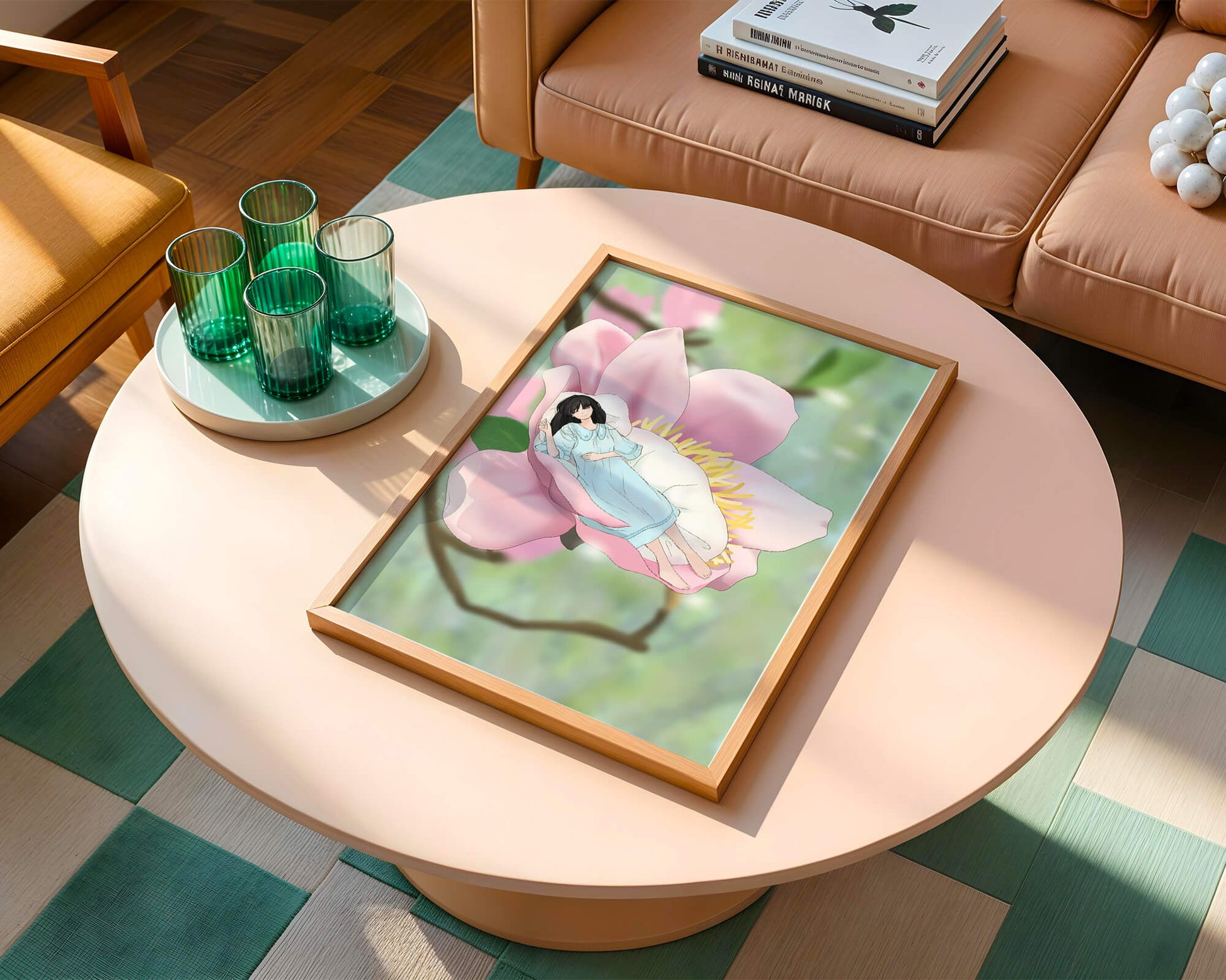 Dreamlike scene of a woman sleeping in a large pink flower