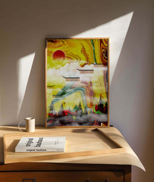 Abstract Landscape with Swirling Colors and Red Sun