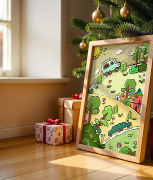 Whimsical landscape with houses, cars, and colorful flora