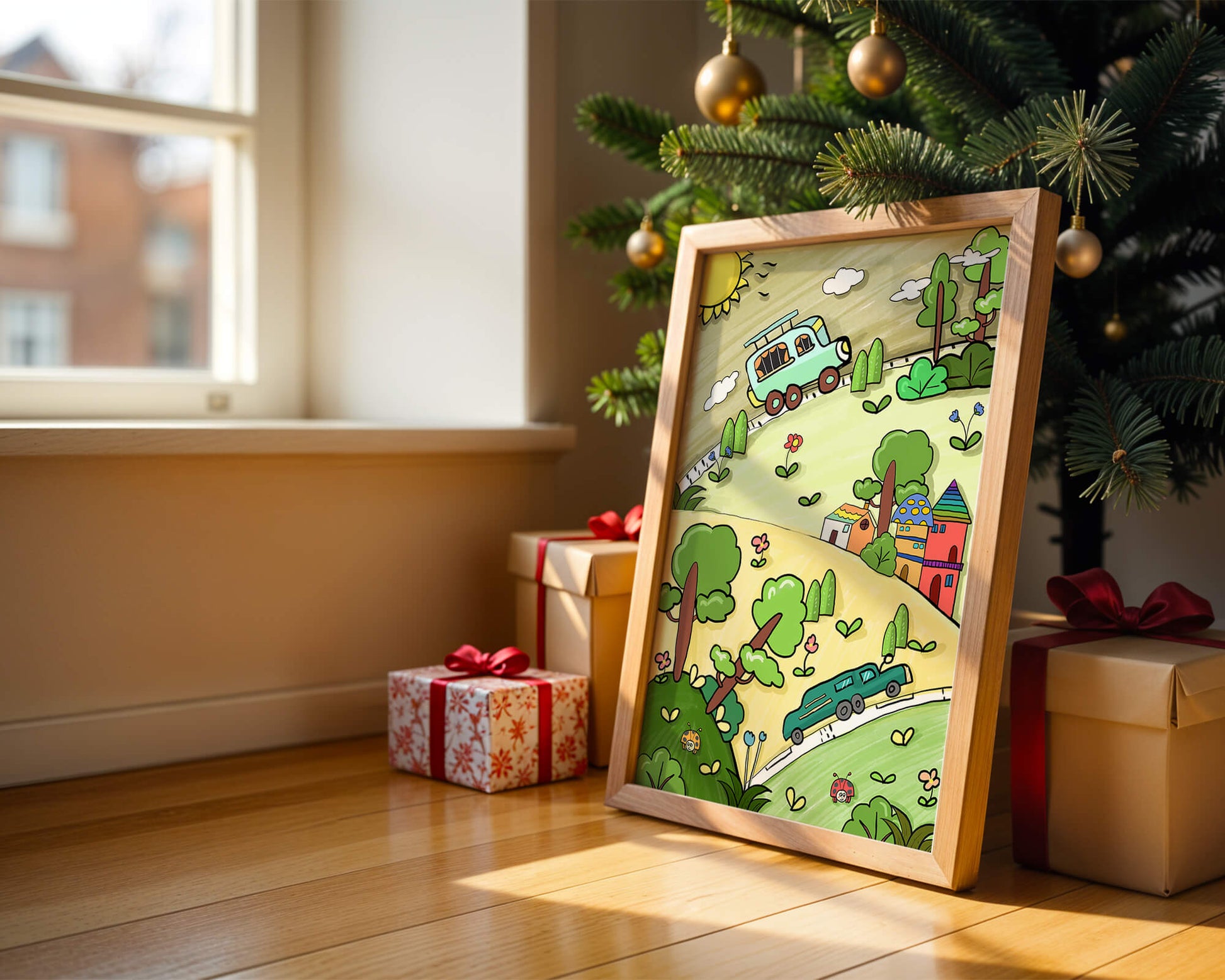Whimsical landscape with houses, cars, and colorful flora