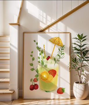 Refreshing summer drink illustration with fruits and greenery