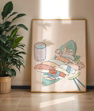 Bandeja de sushi ilustrada con sushi variado y bebida