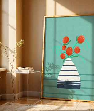 Vase with Red Flowers on a Textured Blue Background - Mi tienda