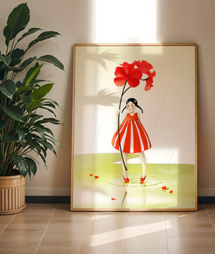 Young girl holding large red flower standing in puddle illustration
