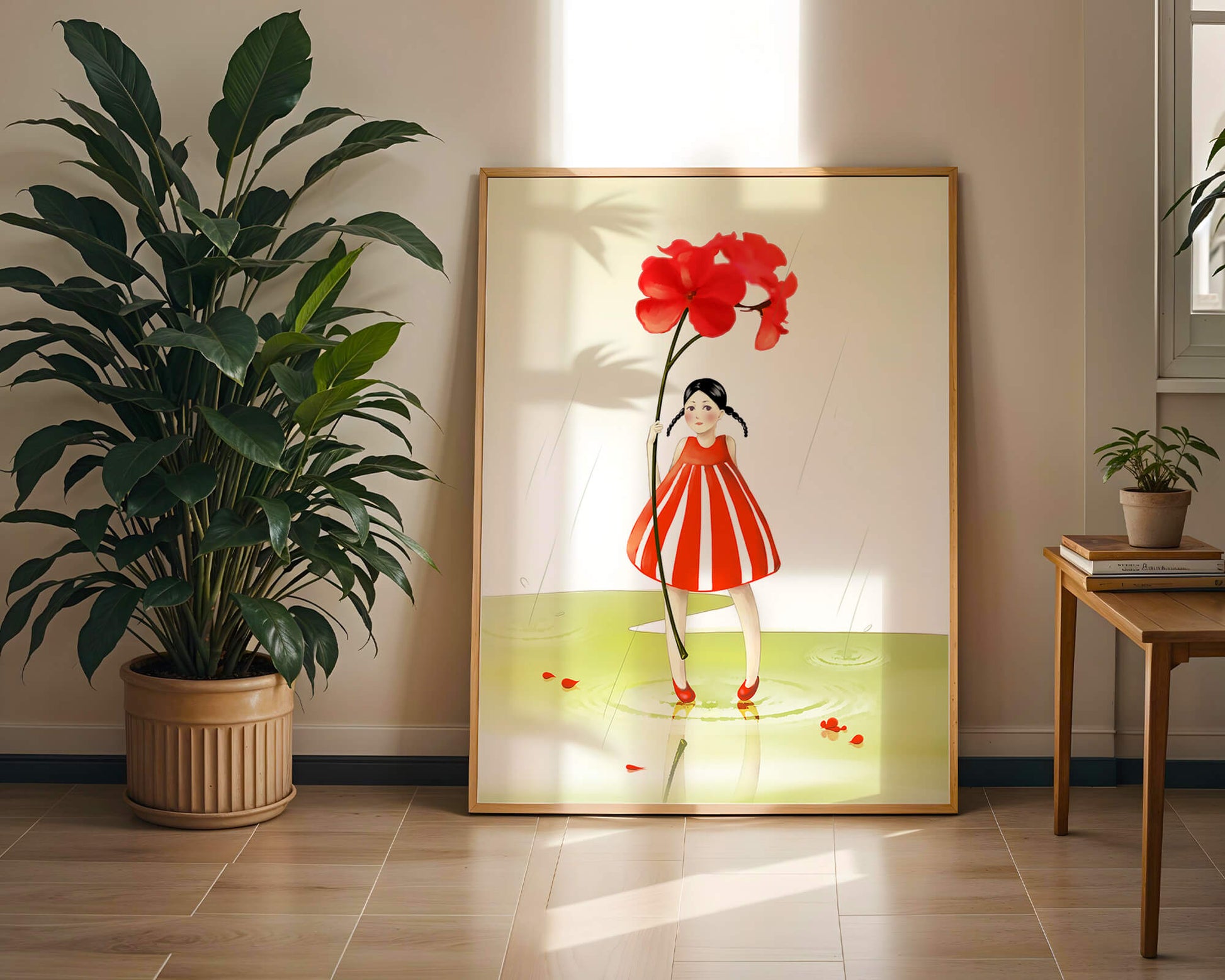 Young girl holding large red flower standing in puddle illustration