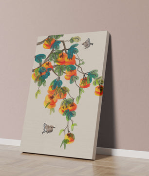 Branch with vibrant persimmons and birds illustration